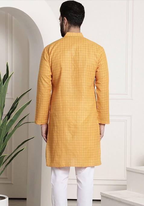 Mustard Checked Poly Blend Kurta For Men