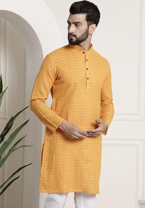 Mustard Checked Poly Blend Kurta For Men