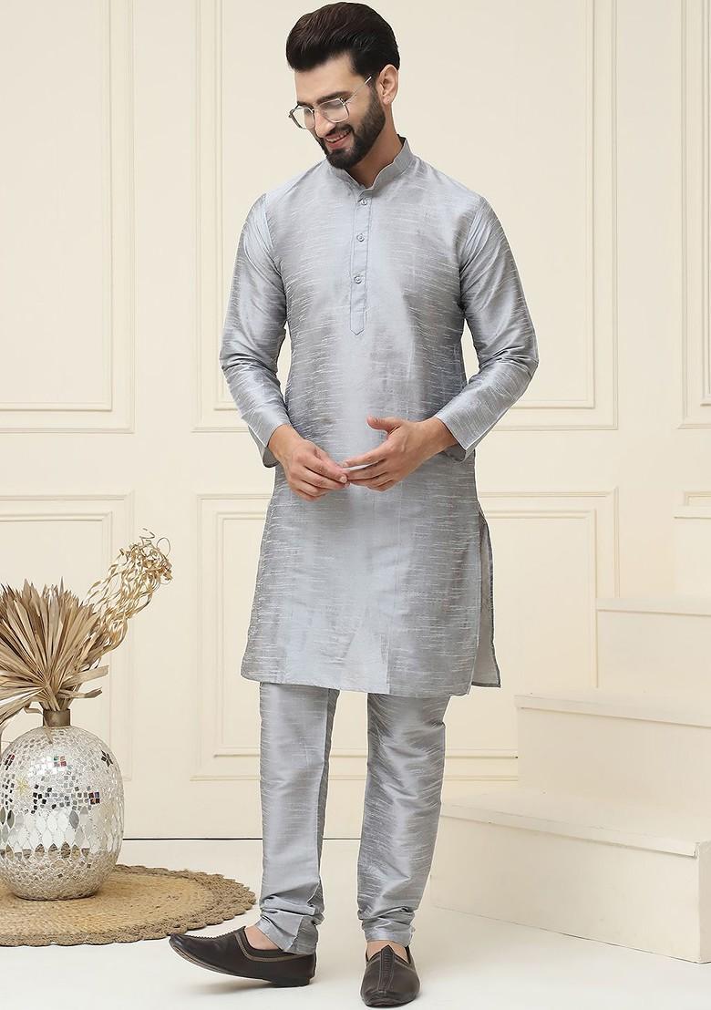 Grey Solid Poly Blend Kurta For Men