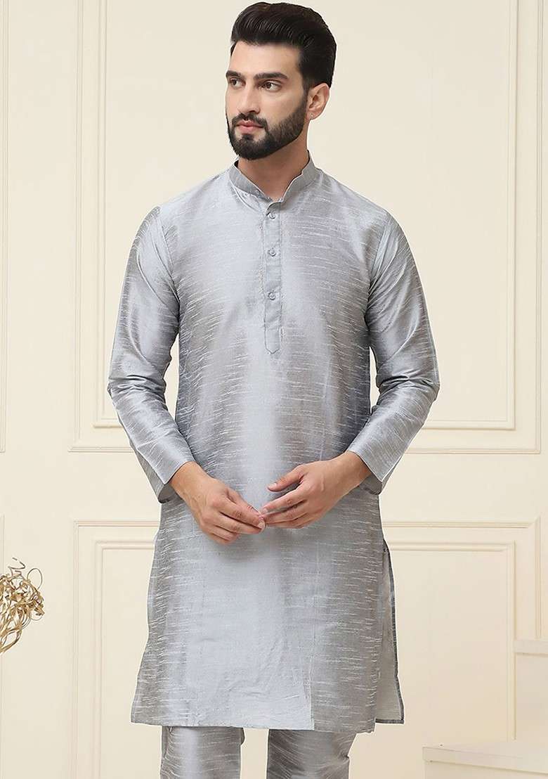 Grey Solid Poly Blend Kurta For Men - Indya
