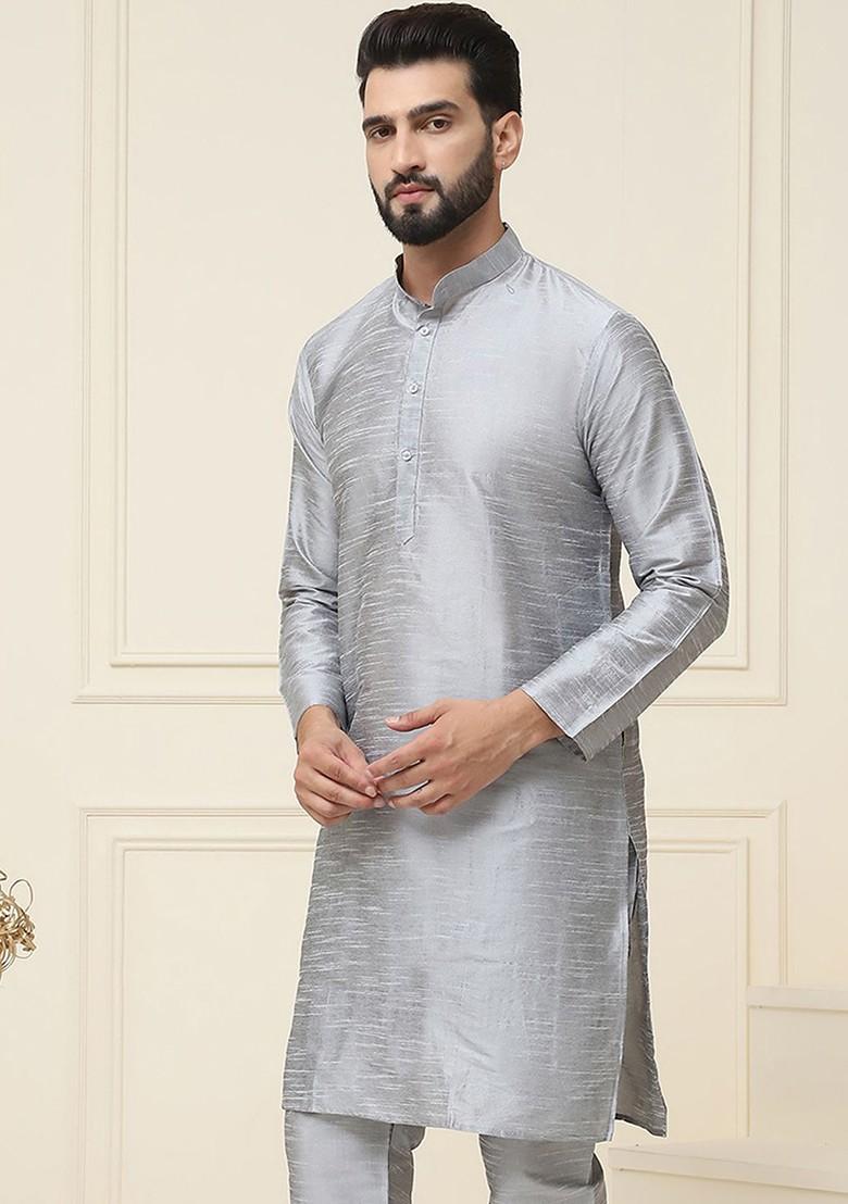 Grey Solid Poly Blend Kurta For Men