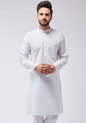 White Solid Poly Blend Kurta For Men