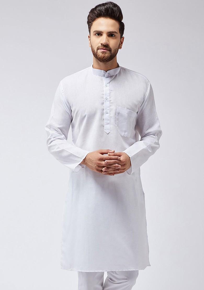 White Solid Poly Blend Kurta For Men