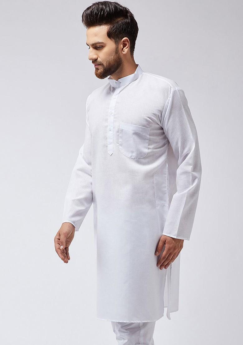 White Solid Poly Blend Kurta For Men