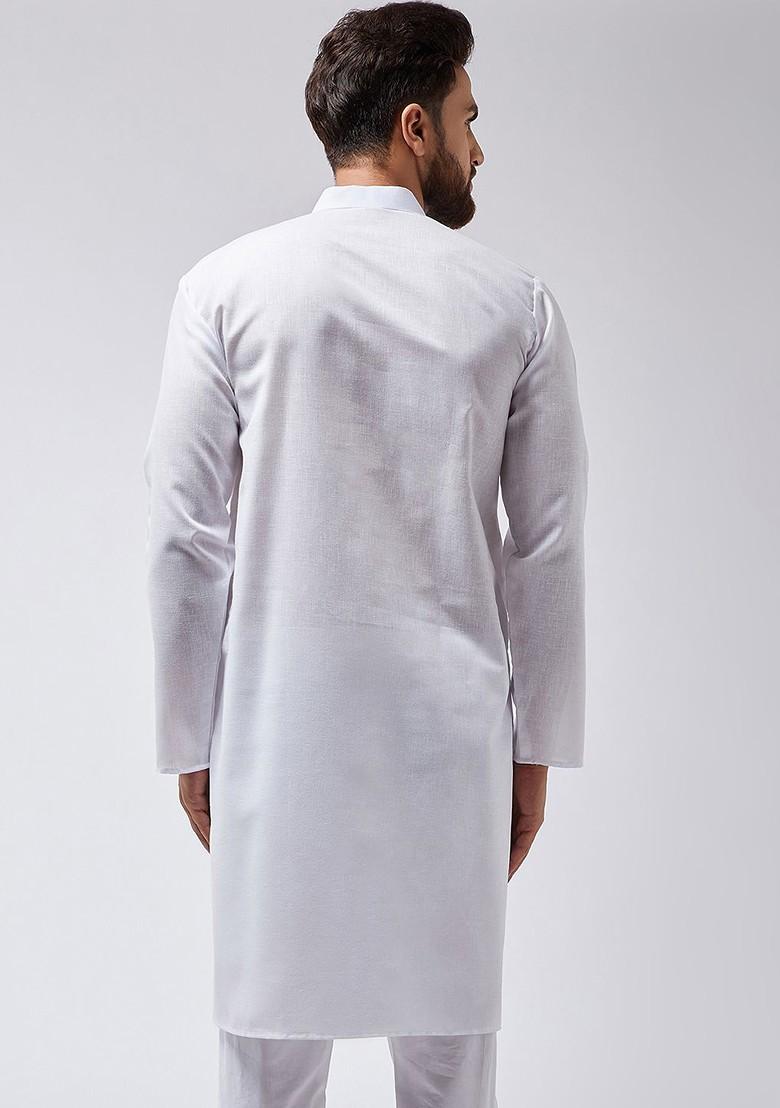 White Solid Poly Blend Kurta For Men
