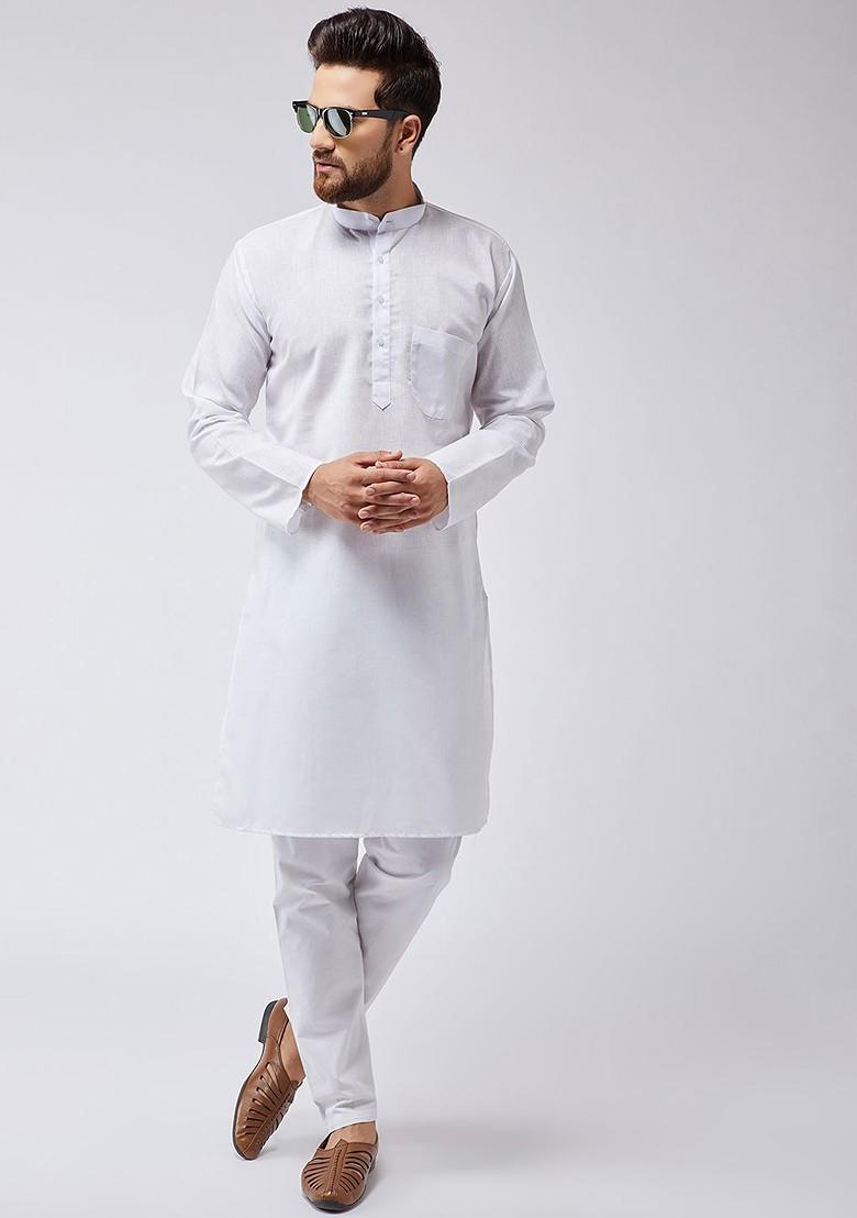 White Solid Poly Blend Kurta For Men