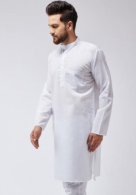White Solid Poly Blend Kurta For Men