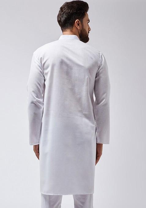White Solid Poly Blend Kurta For Men