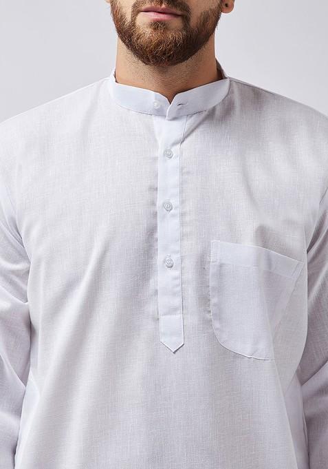 White Solid Poly Blend Kurta For Men