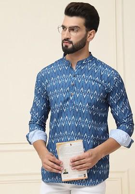 Teal Blue Ethnic Motifs Poly Blend Kurta For Men