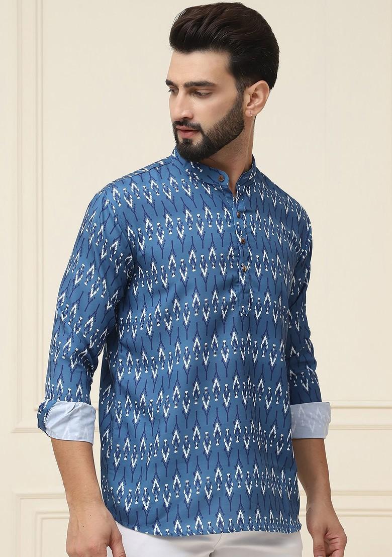 Teal Blue Ethnic Motifs Poly Blend Kurta For Men