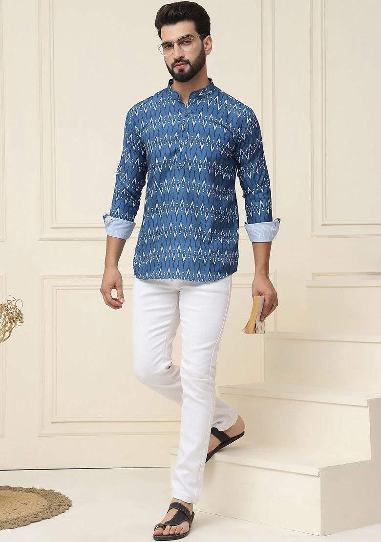 Teal Blue Ethnic Motifs Poly Blend Kurta For Men