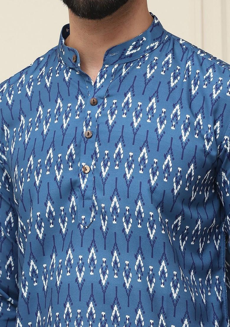 Teal Blue Ethnic Motifs Poly Blend Kurta For Men