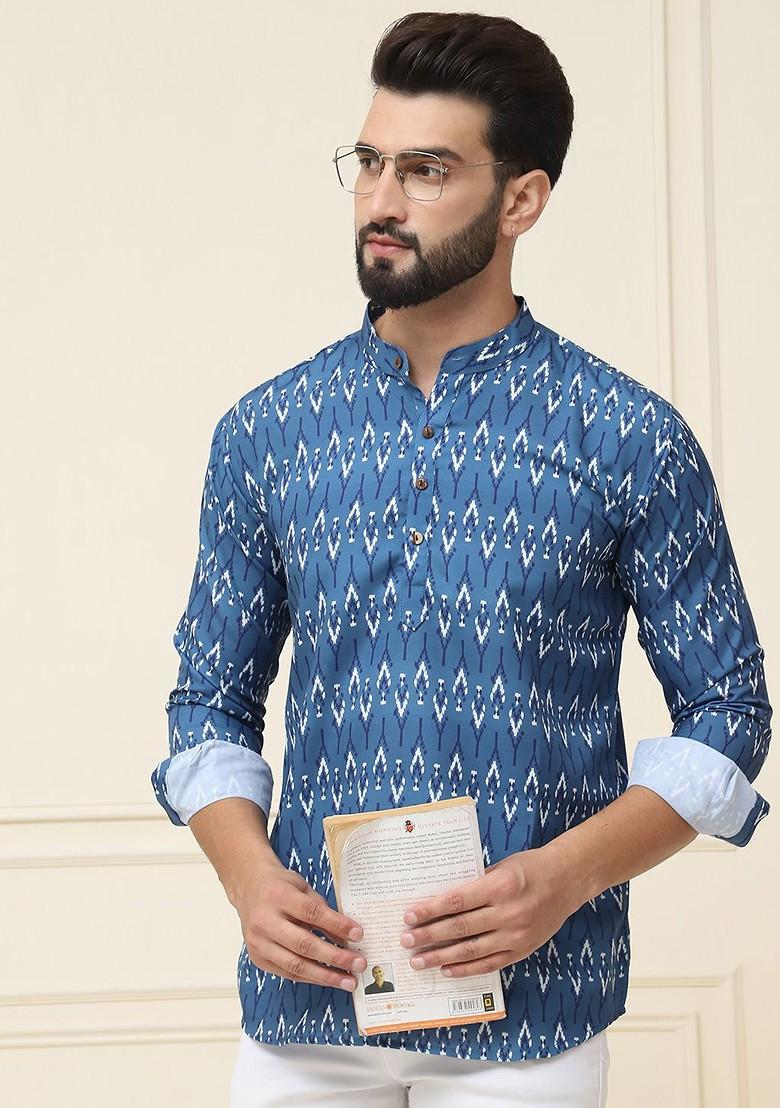 Teal Blue Ethnic Motifs Poly Blend Kurta For Men