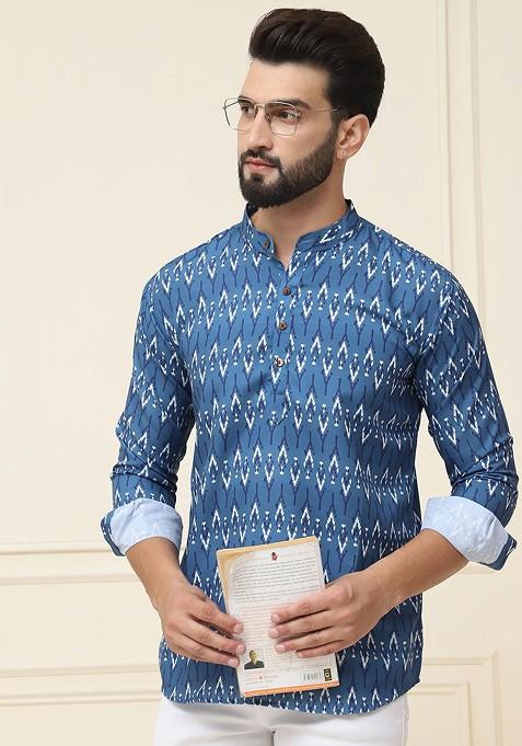 Teal Blue Ethnic Motifs Poly Blend Kurta For Men