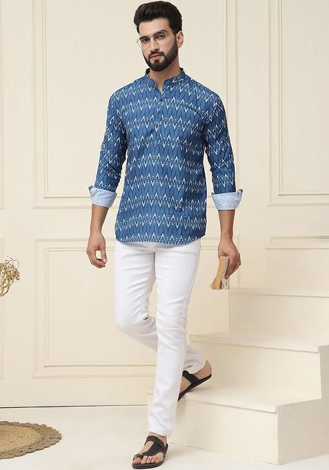 Teal Blue Ethnic Motifs Poly Blend Kurta For Men