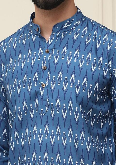 Teal Blue Ethnic Motifs Poly Blend Kurta For Men
