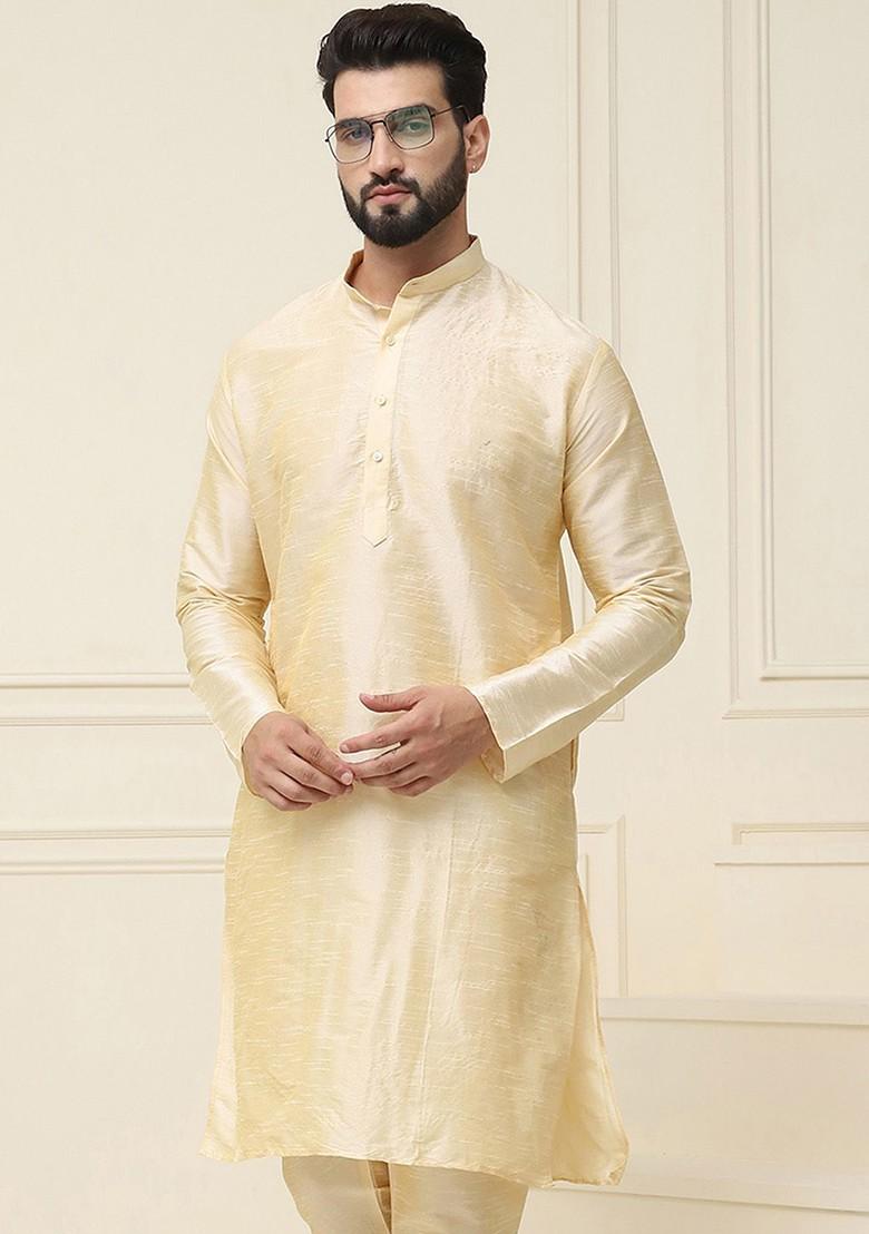 Gold Solid Silk Kurta For Men