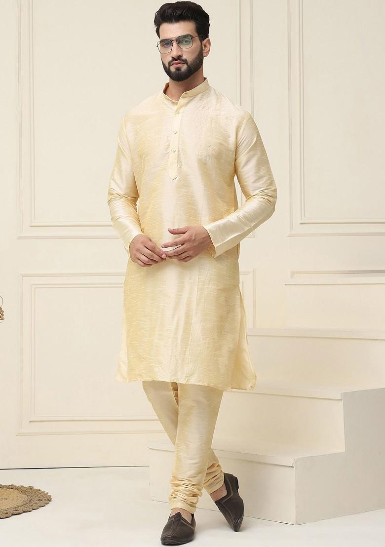 Gold Solid Silk Kurta For Men