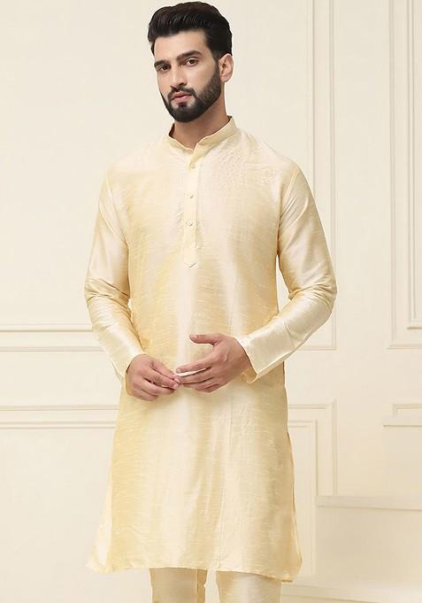 Gold Solid Silk Kurta For Men