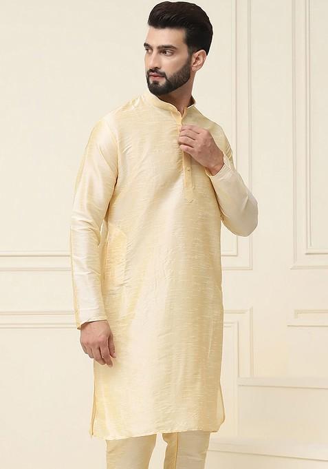 Gold Solid Silk Kurta For Men