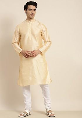 Gold Solid Poly Blend Kurta For Men
