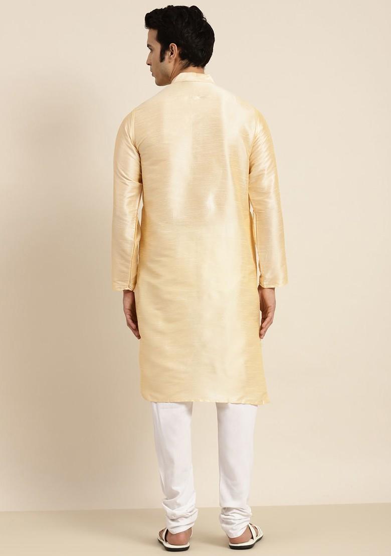Gold Solid Poly Blend Kurta For Men