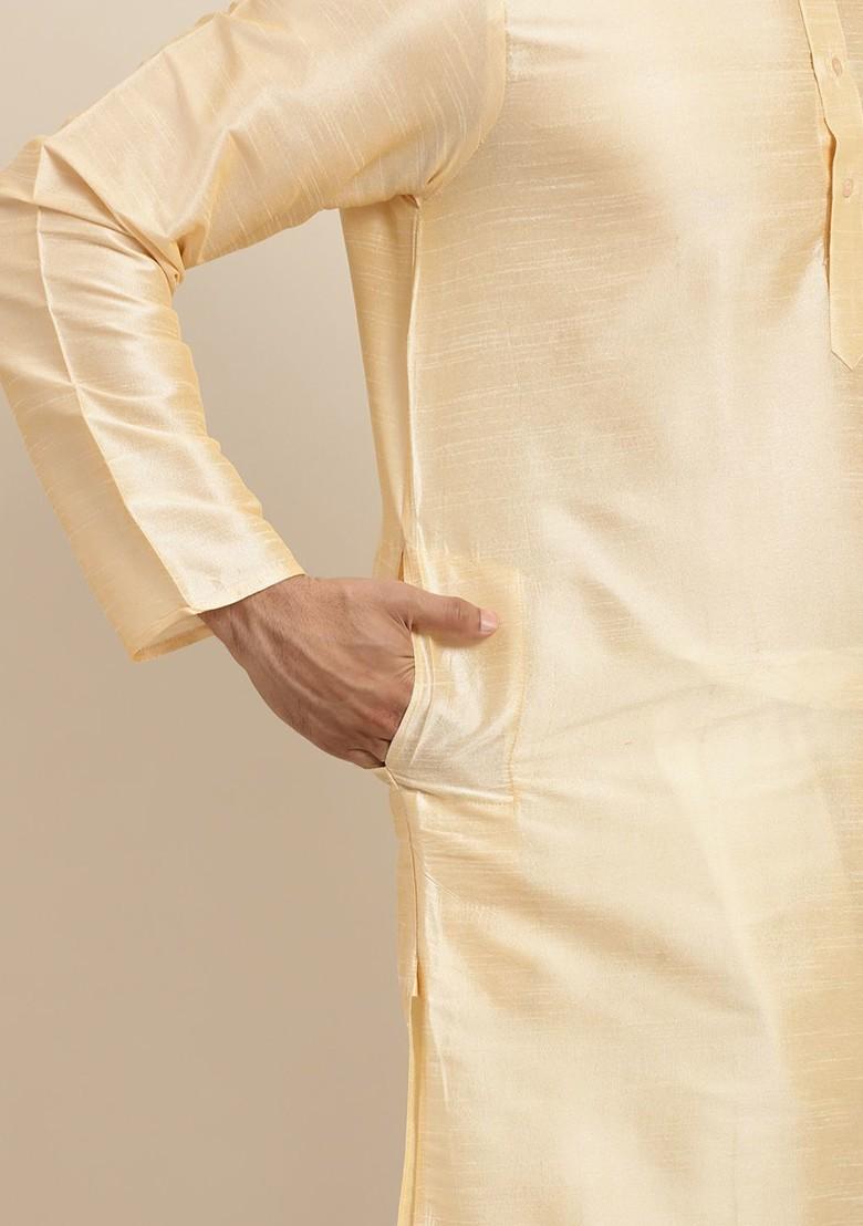 Gold Solid Poly Blend Kurta For Men