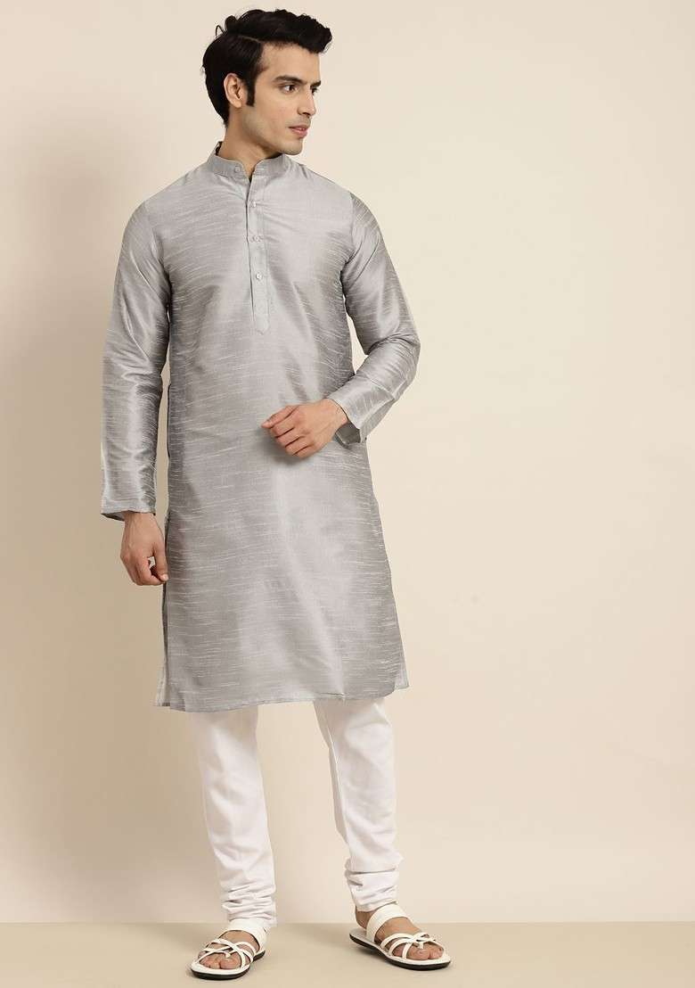Silver Solid Poly Blend Kurta For Men - Indya