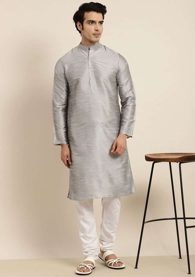 Silver Solid Poly Blend Kurta For Men - Indya