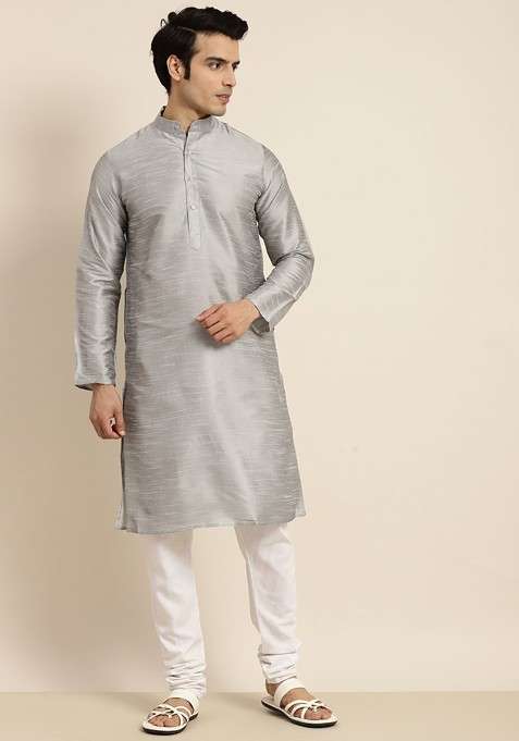 Silver Solid Poly Blend Kurta For Men