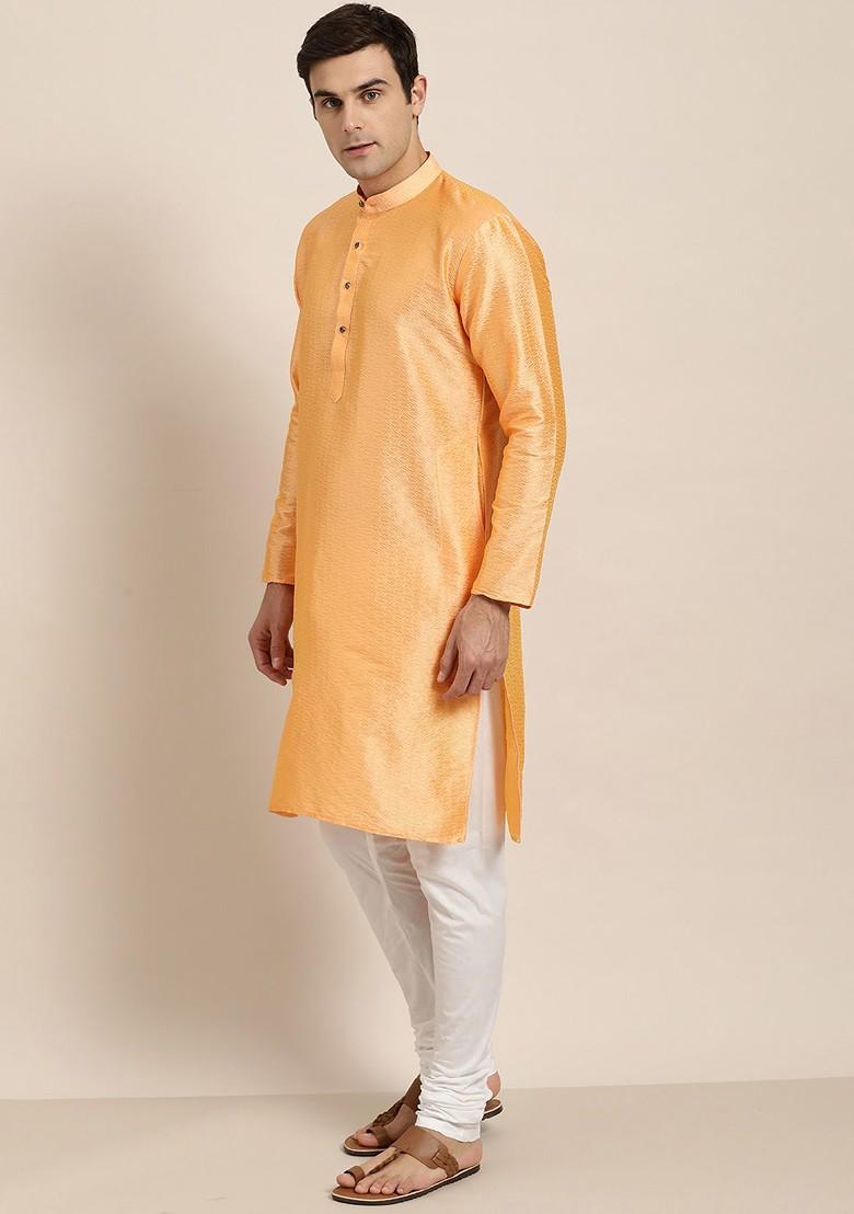 Peach Woven Poly Blend Kurta For Men