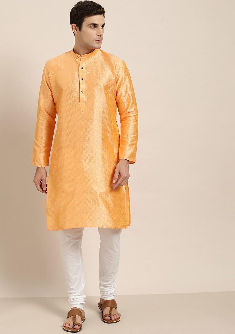 Peach Woven Poly Blend Kurta For Men