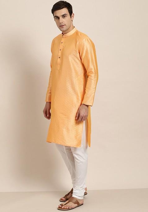 Peach Woven Poly Blend Kurta For Men