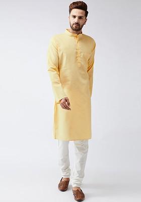 Yellow Solid Poly Blend Kurta For Men