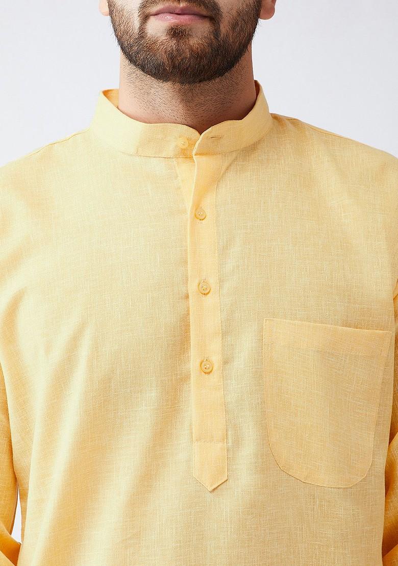Yellow Solid Poly Blend Kurta For Men