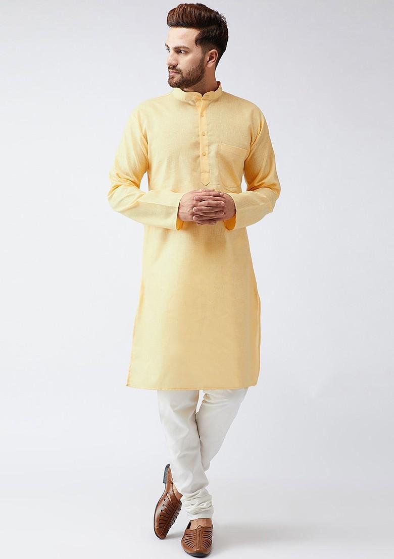 Yellow Solid Poly Blend Kurta For Men