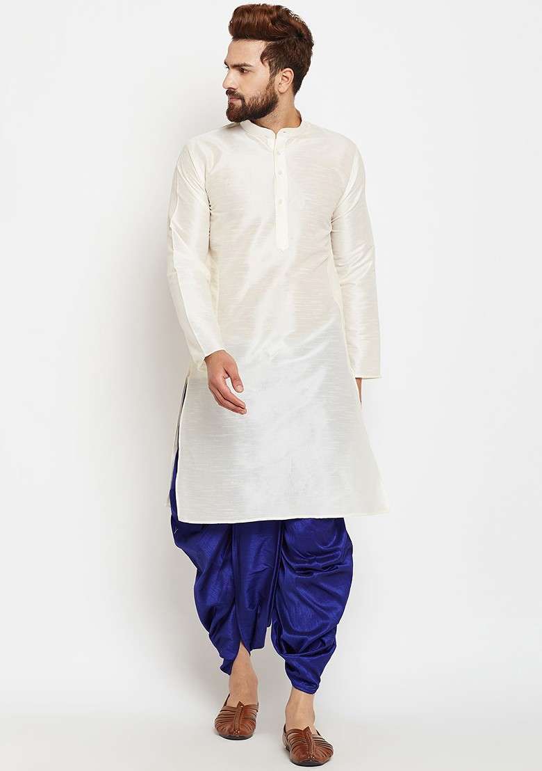 Off White Solid Poly Blend Kurta For Men - Indya