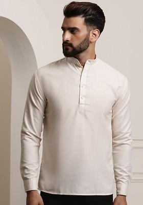 Cream Solid Poly Blend Kurta For Men