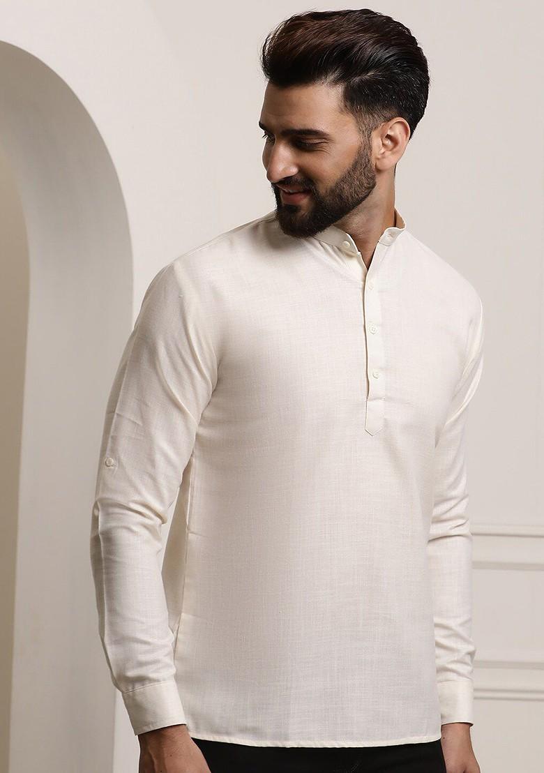 Cream Solid Poly Blend Kurta For Men