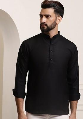 Black Thread Work Poly Blend Kurta For Men