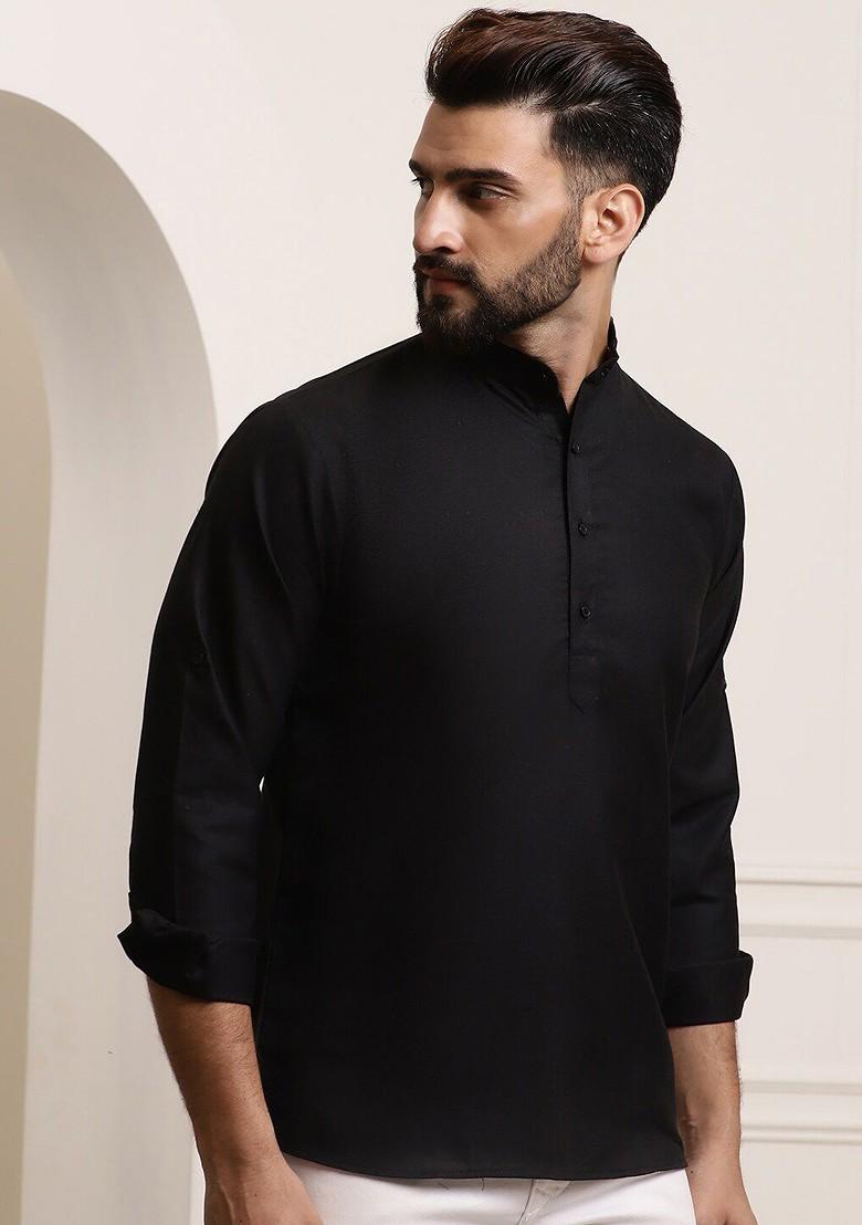 Black Thread Work Poly Blend Kurta For Men