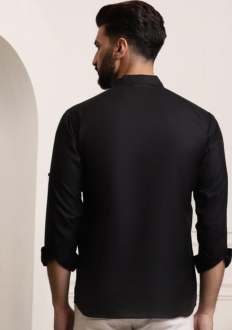 Black Thread Work Poly Blend Kurta For Men