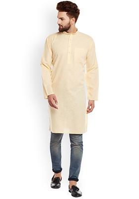 Yellow Solid Poly Blend Kurta For Men