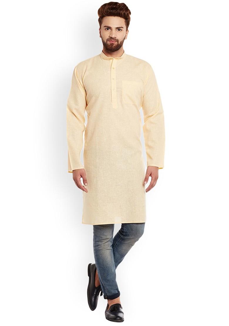 Yellow Solid Poly Blend Kurta For Men