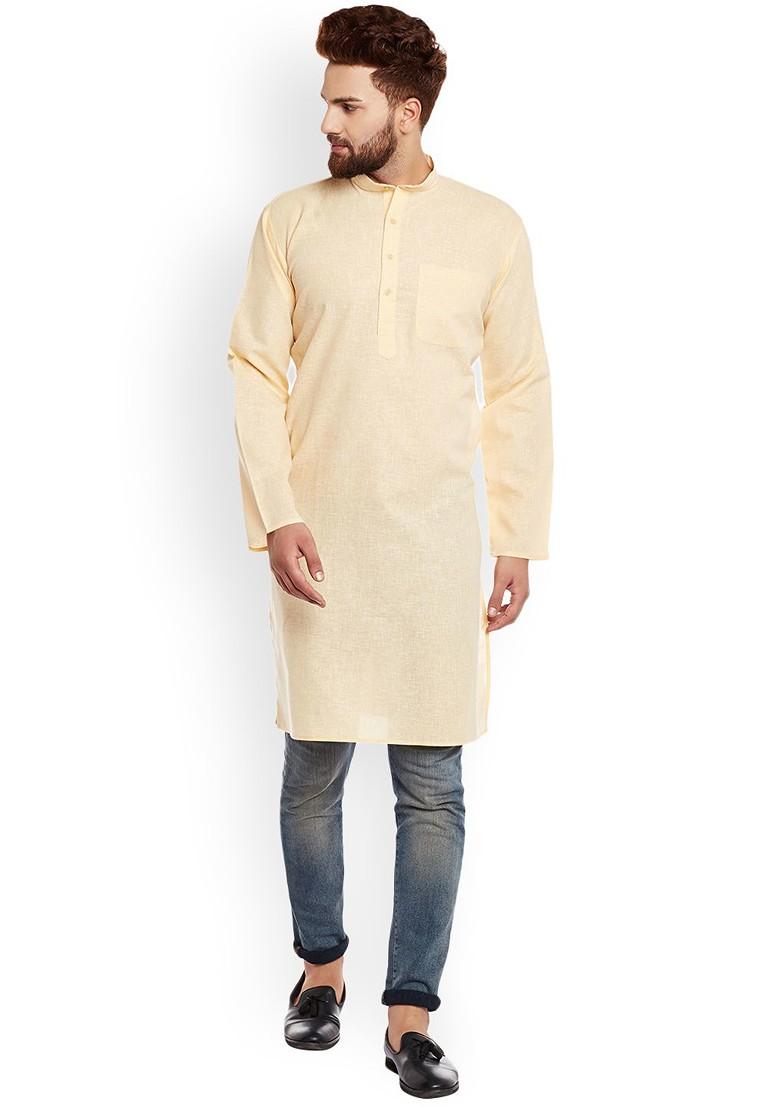 Yellow Solid Poly Blend Kurta For Men