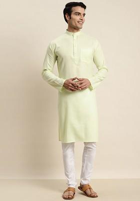 Green Solid Cotton Kurta For Men