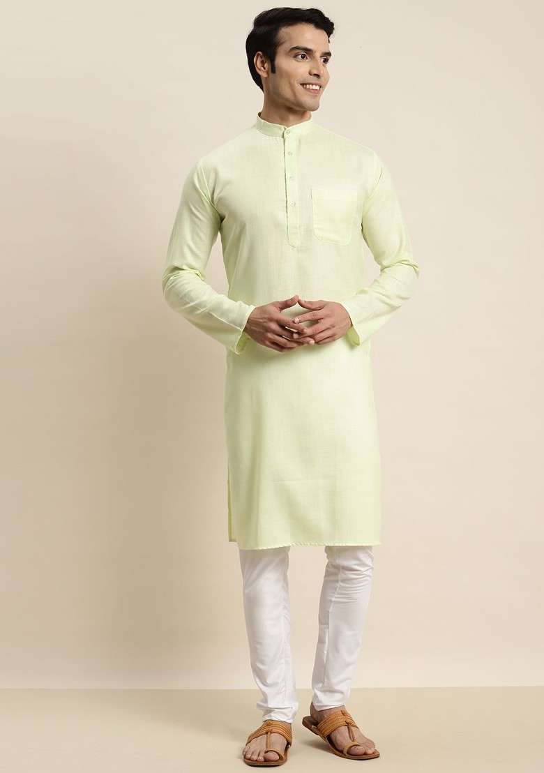 Green Solid Cotton Kurta For Men - Indya