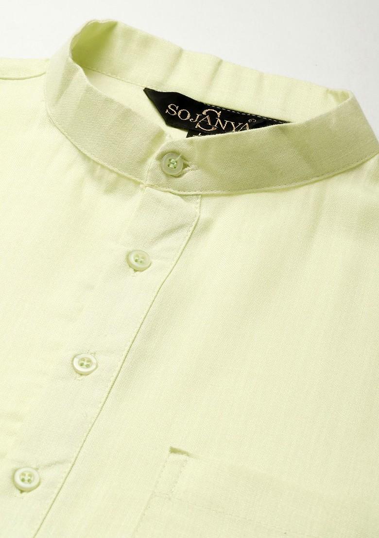 Green Solid Cotton Kurta For Men