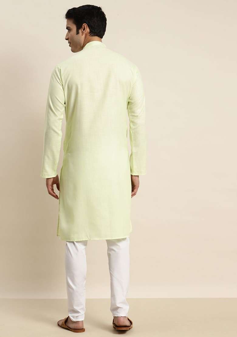 Green Solid Cotton Kurta For Men - Indya